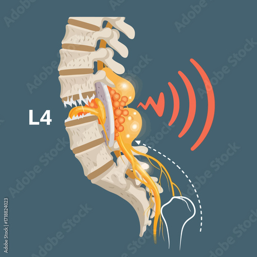 Understanding L4 Spinal Disc Herniation and Nerve Compression Causing Back Pain with Radiating Pain Signals in a Modern Medical Illustration