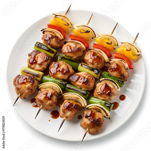 Grilled Yakitori Skewers with Chicken, Vegetables, and Mushrooms, Japanese Cuisine
