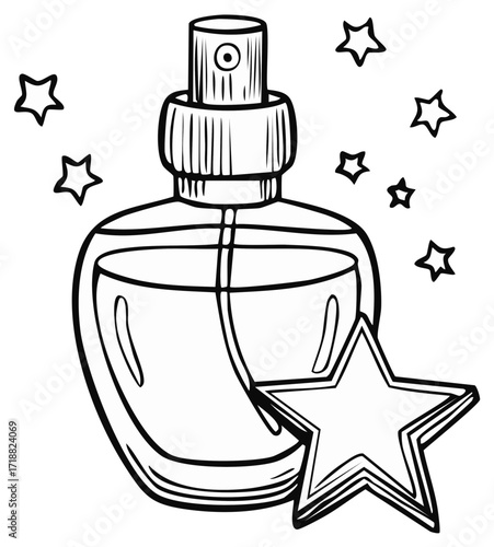 Perfume bottle with decorative stars illustration, beauty product sketch design.