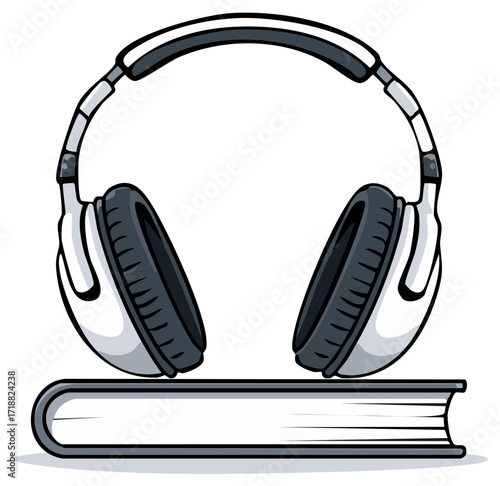 Overhead headphones resting on an open book symbol for audio learning or listening to stories