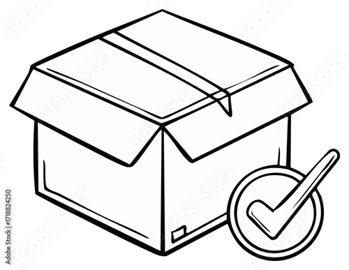 Cardboard box with a check mark icon for delivery confirmation and shipping approval line art illustration