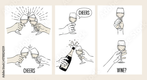 Elegant wine cheers illustrations perfect for celebrations, events, and sophisticated designs, offering versatile use in invitations and branding projects