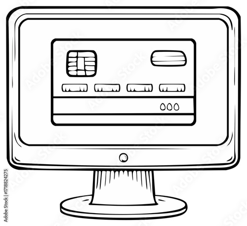 Stylized computer monitor displaying a credit card or debit card outline for financial technology concepts