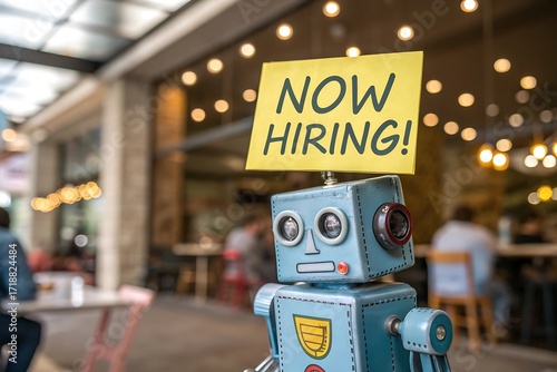 Wallpaper Mural Retro robot with 'now hiring' sign offers unique employment opportunity at outdoor cafe Torontodigital.ca