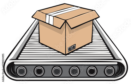 Cardboard box moving on a conveyor belt in a factory, industrial manufacturing process