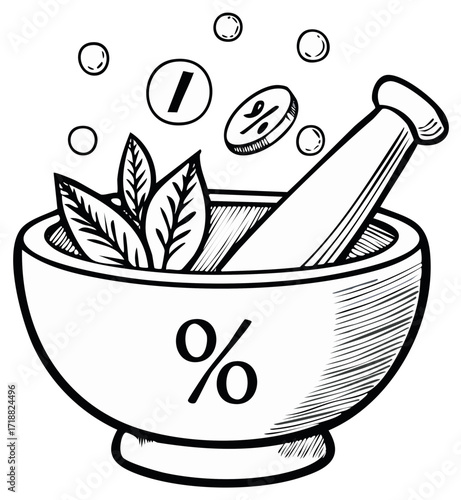 Traditional Mortar and Pestle with Herbs and Discount Symbols for Natural Product Pricing