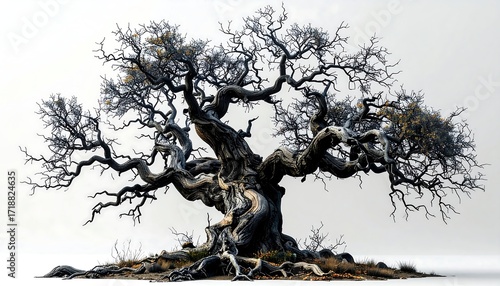 Ancient gnarled tree against white background