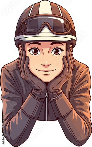 dreamer girl racer motorcycle helmet, peaceful pose, cartoon illustration, isolated on transparent background
