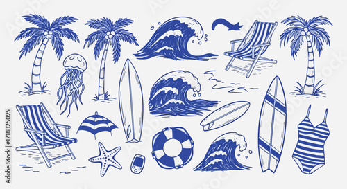 Summer beach doodles with palm trees, waves, surfboards, and beach chairs.