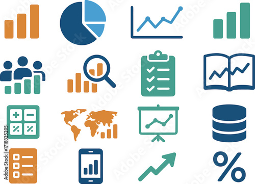 A clean and modern set of 16 solid color minimal flat icons symbolizing social statistics and data analysis. Plain shapes with smooth edges, no gradients, no textures, no raster effects. Icons include