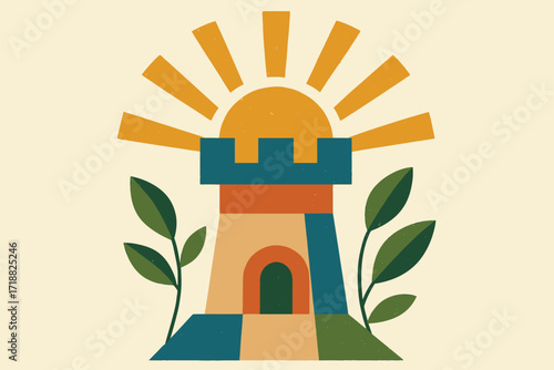 A composition of geometric blocks forming a stylized fortress tower, with abstract sun rays and leaves around it (symbolizing protection + growth).