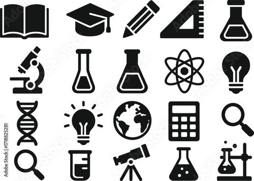 Education and Science Solid Black Vector Icon Set Collection on White Background