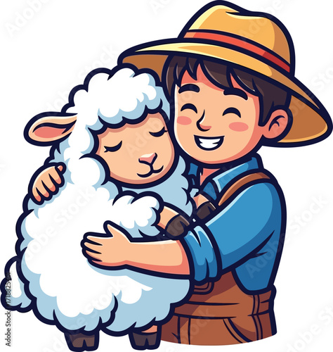 farm boys tender embrace a heartwarming sheep hug cartoon, isolated on transparent background