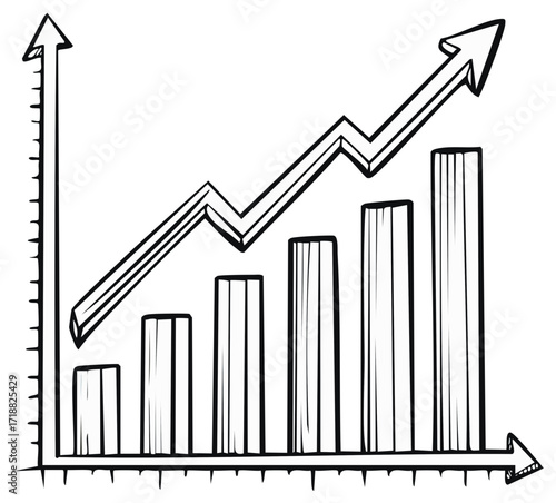Hand drawn bar graph with an upward arrow showing rising success and business trends