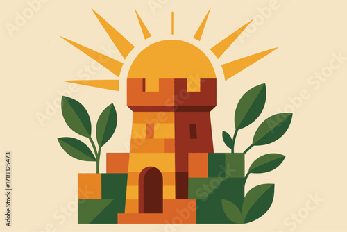 A composition of geometric blocks forming a stylized fortress tower