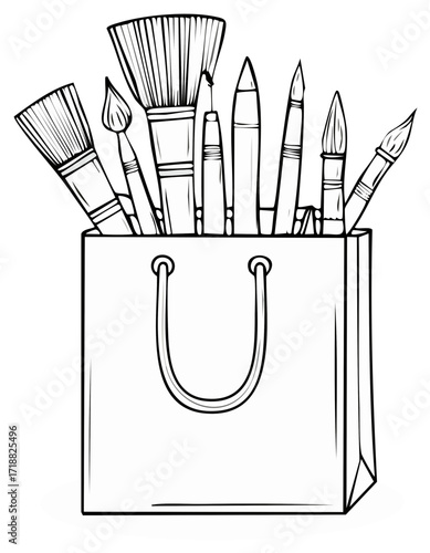 Monochrome vector illustration of diverse art brushes and drawing pencils in a decorative gift bag