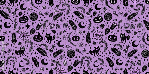Whimsical halloween pattern with black cats jack o lanterns feathers and celestial elements on a purple background