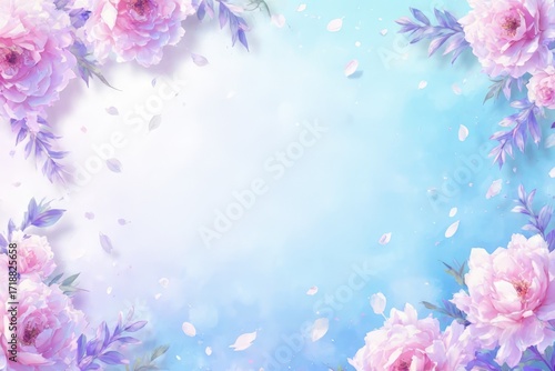 A delicate, dreamy frame of soft pink and purple roses with falling petals, surrounding a light blue watercolor center for a romantic, ethereal feel.