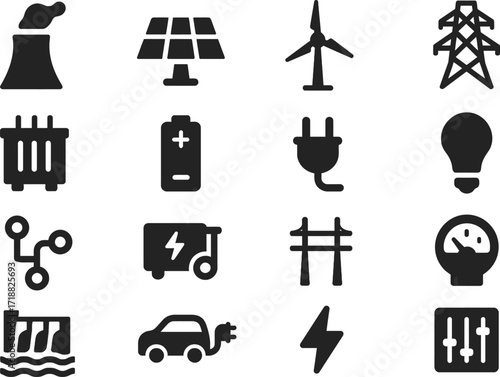 Power System 16 Solid Color Icon Set Collection on White Background