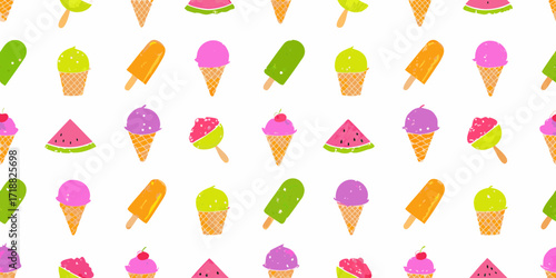 A delightful seamless pattern of colorful frozen treats including ice cream cones popsicles and watermelon slices