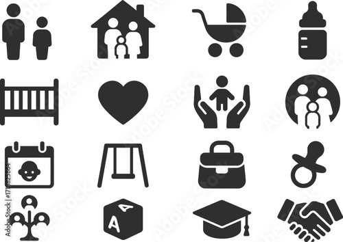 Family and Parenting 16 Solid Color Icon Set Collection on White Background