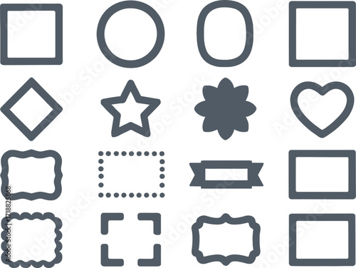A clean and minimal set of 16 solid color flat icons representing decorative frames. Plain simple shapes with smooth edges, no gradients, no textures, no raster effects. Icons include square frame, ci