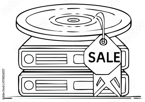 Stylized illustration of stacked vintage record players with a sale tag