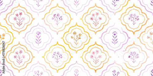 Seamless watercolor pattern of delicate floral motifs within quatrefoil frames in pastel purple and orange hues