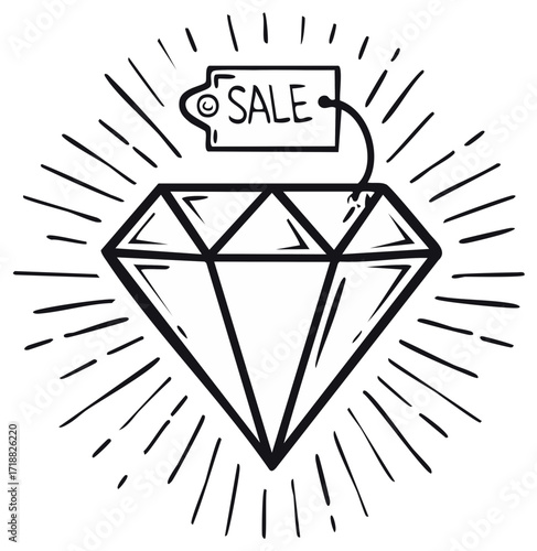 Sale tag attached to a diamond with radiant rays