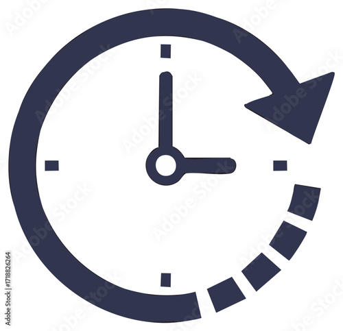 Graphic clock face with turning arrow illustrating time management, progress, and continuous cycle.