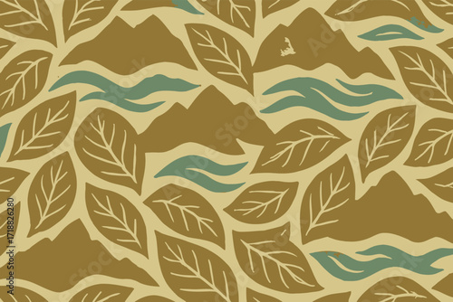Camouflage pattern made from leaves, mountains, and waves instead of military gear, forming a unique symbolic texture.