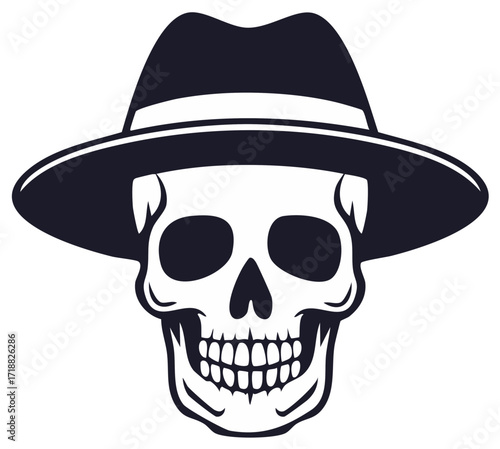 Vector Graphic of a Skull with Wide Brim Fedora Hat in Flat Two Tone Design
