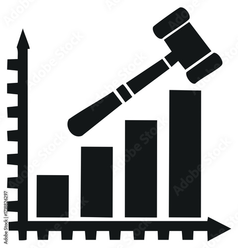 Gavel striking rising bar chart symbolizing financial success and legal justice