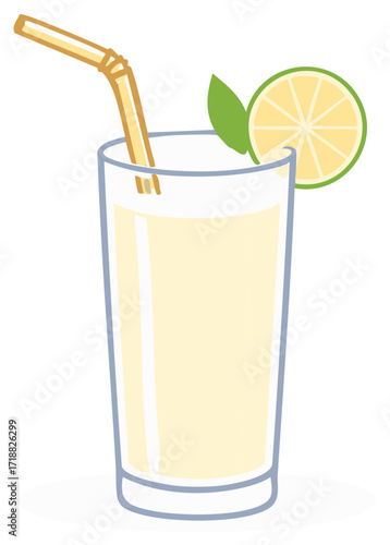 Glass of Lemonade with Straw and Lime Slice Cartoon Vector Illustration