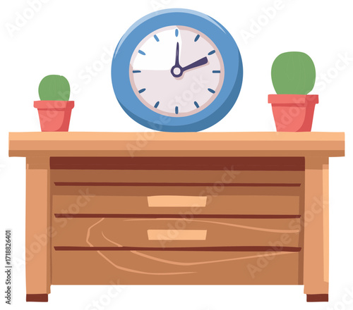 Round blue wall clock and small potted cacti on wooden table