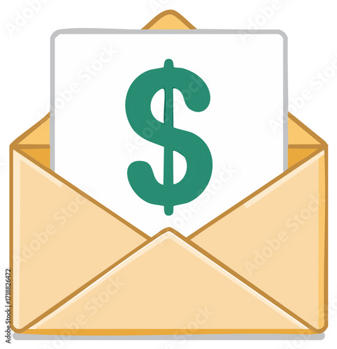A flat vector illustration of an open envelope containing a card with a green dollar sign