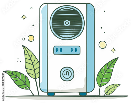 Cartoon Illustration of Home Air Purifier with Green Leaves Accent