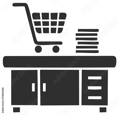 Shopping cart and stacked items on a desk, minimalist concept for retail or business