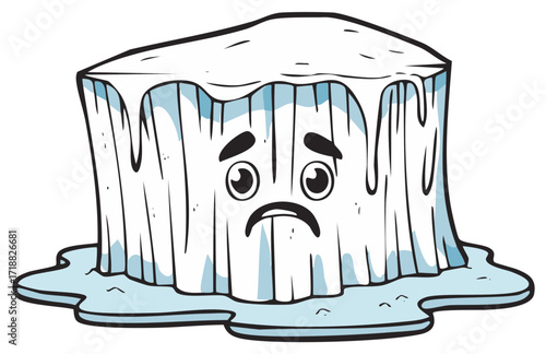 Melting ice cube character with a sad face dripping water illustration