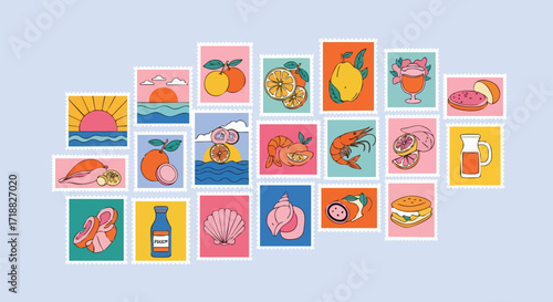 Vibrant collection of retro-style postage stamps featuring delicious food, refreshing drinks, and sunny beach scenes