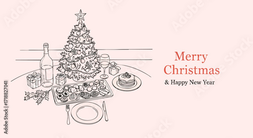 Delightful Christmas Eve feast illustration featuring festive food, presents, and wine near a decorated Christmas tree for your holiday greetings