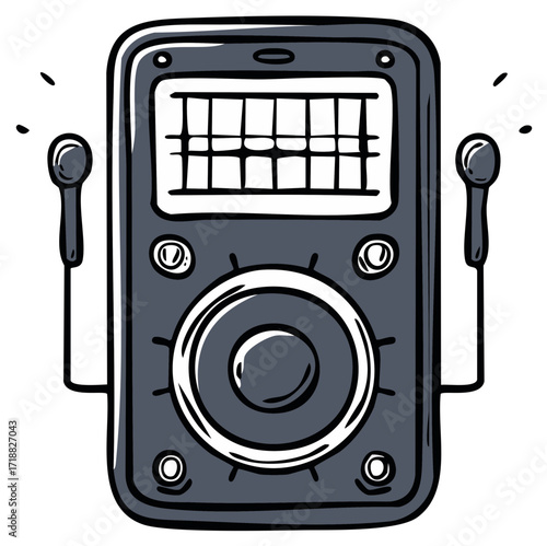 Hand drawn portable music player illustration with connected headphones and sound waves