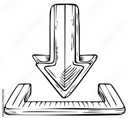 Hand drawn download icon with a downward pointing arrow in a black and white sketch style