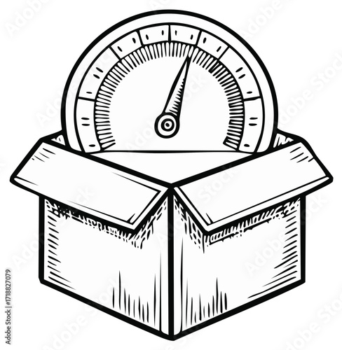 Hand drawn illustration of a performance meter gauge emerging from an open cardboard box
