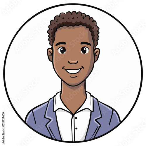 Cartoon man in a suit smiling within a circle icon