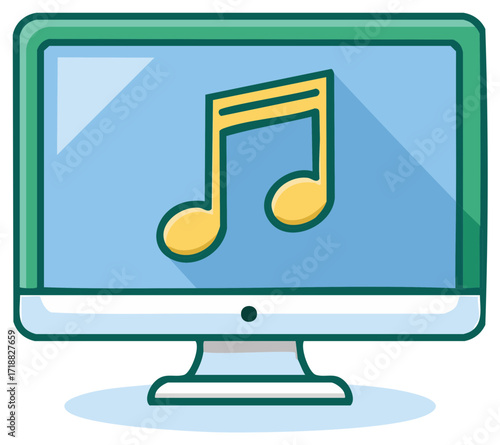 Digital music streaming service icon with a musical note on a desktop computer screen