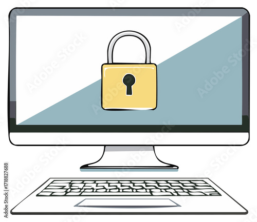 Digital security padlock displayed on computer screen with keyboard for data protection concept
