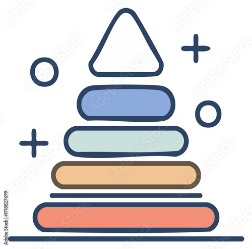 Colorful hand drawn stacking ring pyramid toy icon for childhood development and learning
