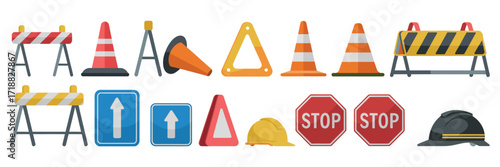 Traffic Road Repair Barrier Vector Set,  Collection of Safety Barricades, Construction Fences, Warning Signs, Roadwork Equipment, Urban Planning, and Safety Design Illustrations for Vector Projects