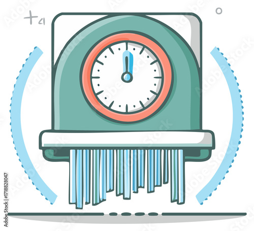 Cartoon Time Machine Concept: A Clock Device Shredding Time with Light Blue Energy